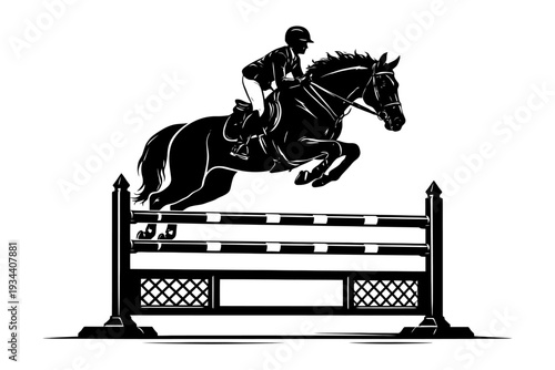 Equestrian jumping silhouette: male rider on horse clearing obstacle.