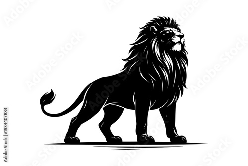 Bold black lion silhouette standing proud on white background.