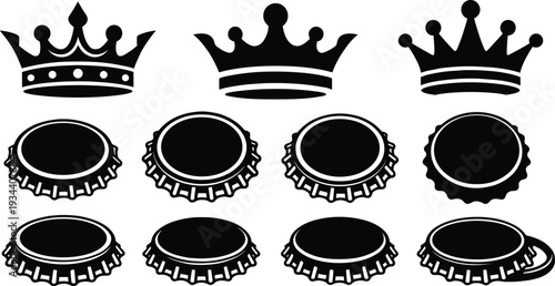 Black and White Vector Set of Royal Crown Icons and 