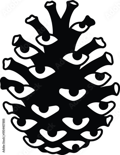 Black and white surreal pinecone illustration with multiple human eyes integrated into scales representing spiritual awakening, pineal gland symbolism, inner vision, and abstract nature concept.