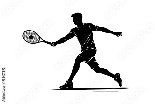 Silhouette of young caucasian male tennis player in action.