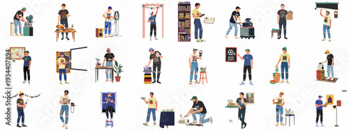 Young men preparing for various leisure activities and celebrations, including movie nights, parties, and studying, showcasing modern hobbies and home entertainment.