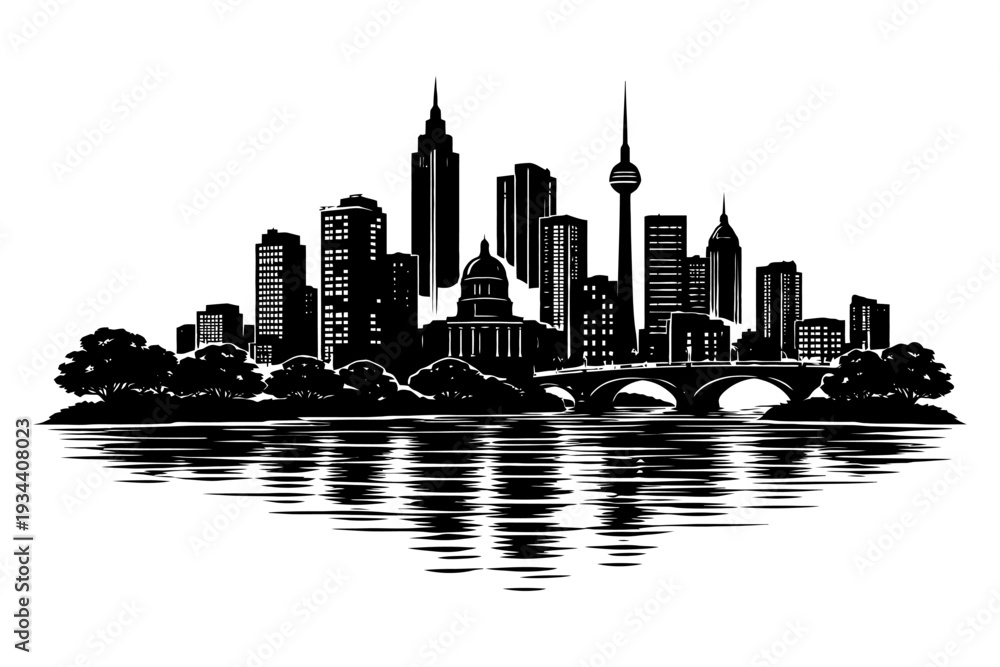 Fototapeta premium Black and white urban skyline with reflected cityscape and bridge.