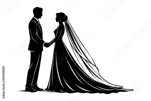 Silhouette of bride and groom holding hands at wedding.