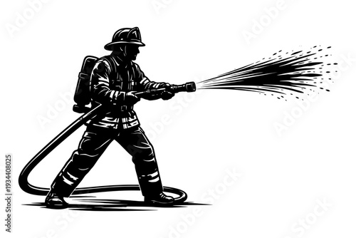 Male firefighter silhouette spraying water with hose on white background.