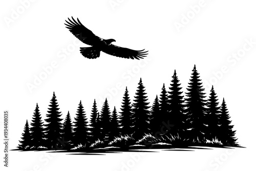 Majestic eagle soaring over pine forest silhouette.