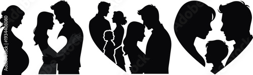 Black silhouette collection of pregnant woman, romantic couple embracing, and happy family with child in heart shape, minimalist vector icons for love and motherhood