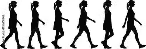 Black silhouette of a young woman walking in sequence frames isolated on white background showing side view motion profile for animation and design