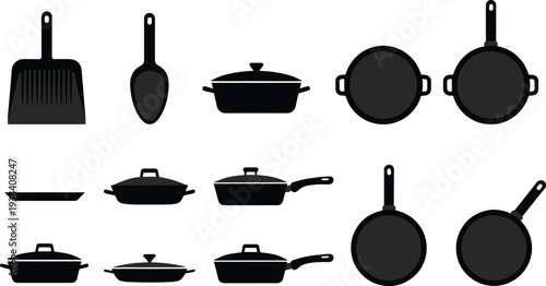 Black silhouette vector set of kitchenware including frying pans, saucepans, cooking pots, and sauté pans with lids isolated on white background for kitchen icons