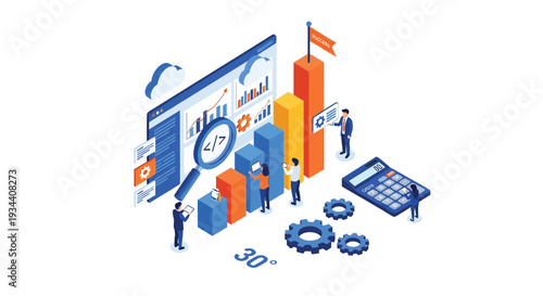 Isometric illustration depicting data analysis coding and business growth