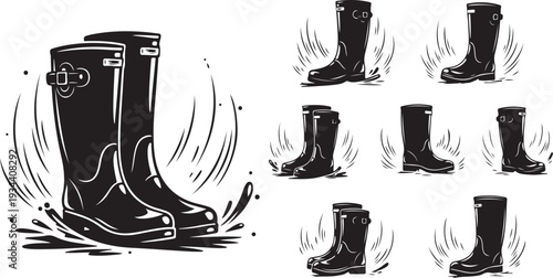 Black Rubber Boots in Various Positions and Motions Illustration