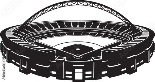 Black and white illustration of a large sports stadium