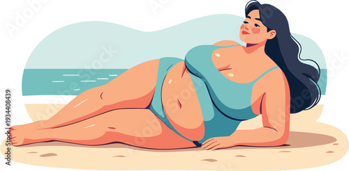 donna sdraiata in spiaggia sulla sabbia a prendere il sole vettoriale 