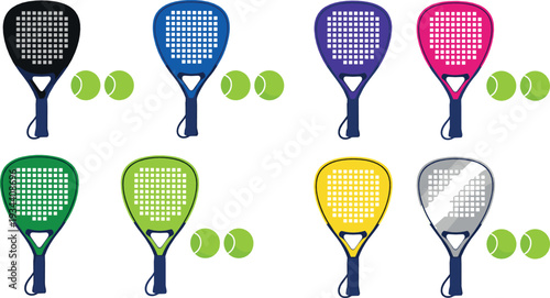 Colorful tennis rackets and balls flat vector illustration set with sport equipment isolated on background