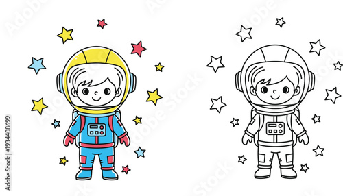 Cute cartoon boy astronaut in spacesuit with stars. Colored and black and white outline version for children's coloring book page.