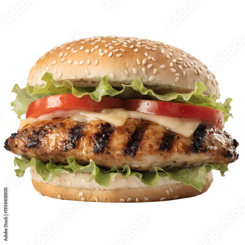 Delicious chicken burger isolated with grilled chicken PNG background 