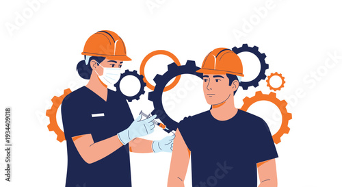 Industrial Worker Receives Vaccination Shot with Gears Background