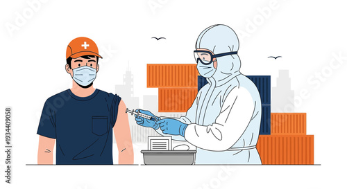 Industrial Worker Receives Vaccine Shot from Healthcare Professional in Hazmat Suit