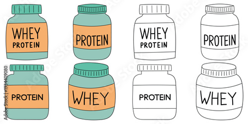 Hand-drawn cartoon and doodle set of whey protein bottles on a white background.