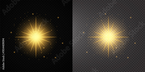 Glowing Golden Star Light Effect with Sparkle Rays and Lens Flare Illumination on Transparent Background