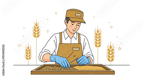 Farmer Inspecting Grain Seeds for Quality Control in Agriculture