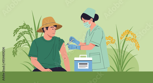 Farmer receiving vaccination from nurse in a rice field setting