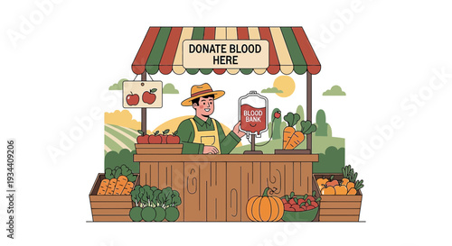 Farmer Selling Blood Donation Services at Outdoor Market Stall