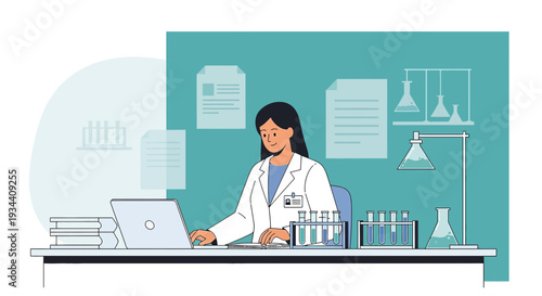 Female Scientist Working in Laboratory with Laptop and Test Tubes
