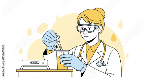 Female scientist with goggles and lab coat performs experiment with liquid and equipment
