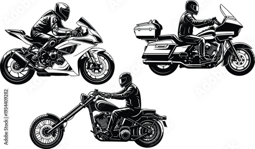 Set of sport, touring and chopper motorcycle riders in black and white detailed vector illustration isolated background