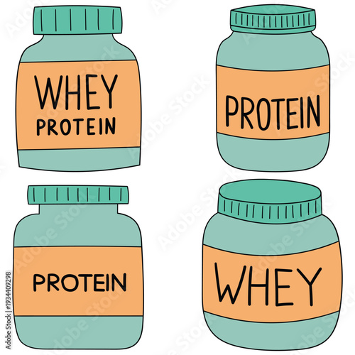 Hand-drawn cartoon set of whey protein bottles on a white background.