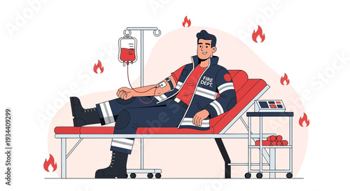 Firefighter Donating Blood, Medical Procedure, Health Care Support, Vector Illustration
