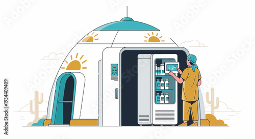 Futuristic Medical Pod in Desert with Nurse Preparing Medication