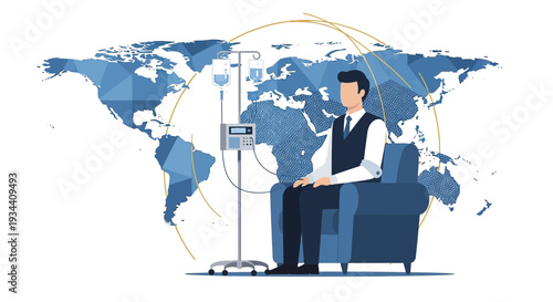 Global Healthcare: Patient Receiving IV Drip Treatment with World Map Background