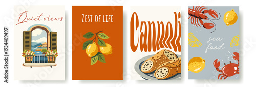 Minimalist retro Italian travel poster set featuring lemons, coastal window views, cannoli and seafood illustrations. Modern Mediterranean wall art collection typography and warm summer 
