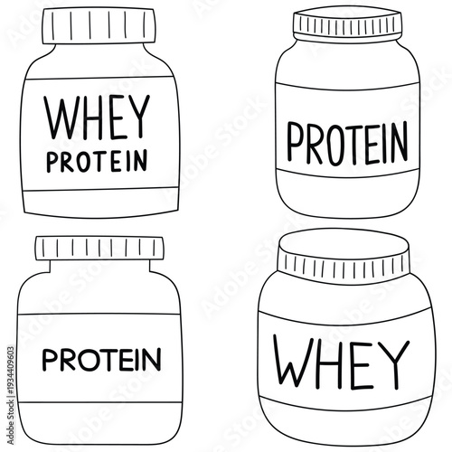 Hand-drawn doodle set of whey protein bottles on a white background.