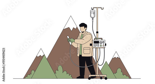 Healthcare Professional Administering IV Drip in Mountain Landscape
