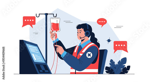 Healthcare Professional Administering IV Drip with Communication Icons