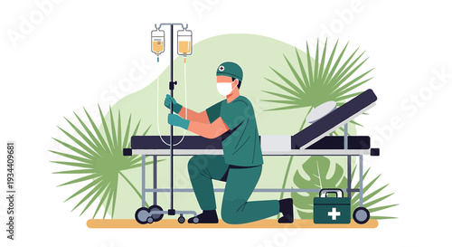 Healthcare Professional Administering IV Drip with Medical Equipment and Stretcher