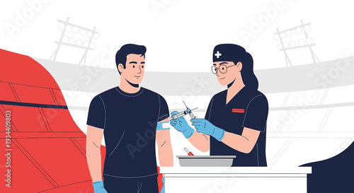 Healthcare professional administering vaccination to a man at a stadium clinic