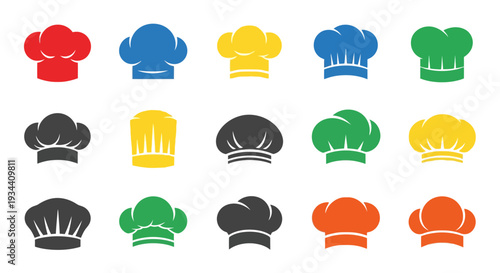 Chef Hat Icon Set, Colorful Toque Symbols for Restaurant and Cooking Logo Design
