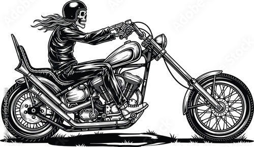 Skeleton biker riding custom chopper motorcycle in black and white detailed vintage vector illustration isolated background