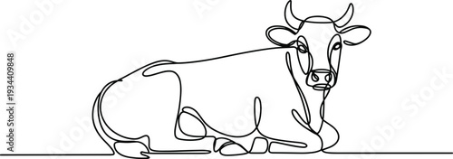 Single Line Drawing of a Cow Lying Down on White Background Minimalist Farm Animal Illustration