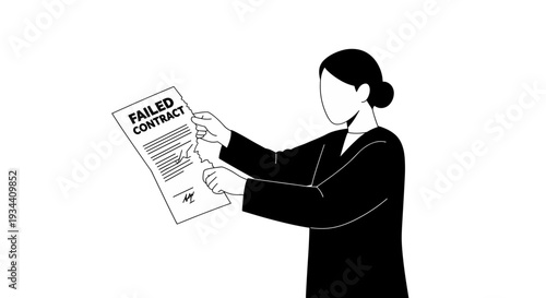 Simple black and white illustration of a businesswoman tearing a failed contract, symbolizing a broken agreement concept, legal dispute, and business termination