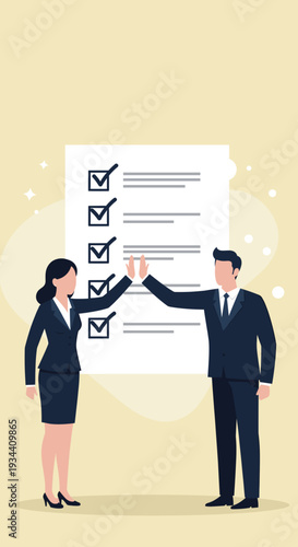 Business colleagues high-fiving celebrating successful task completion on a giant checklist for achievement concept and teamwork collaboration