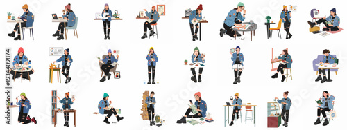 Diverse Illustrations of a Modern Creative Woman Working and Designing in Casual Settings