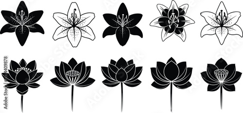et of black and white flower silhouettes featuring various lily and lotus blossoms for garden design wedding invitations and floral nature decoration concept