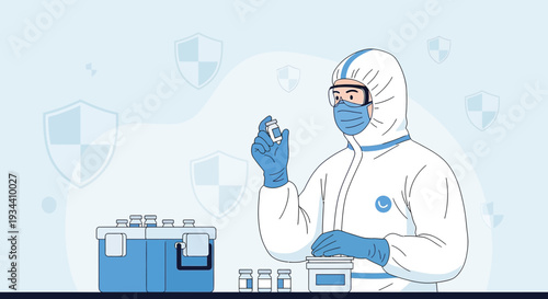 Healthcare Professional in Hazmat Suit Prepares Vaccine Vial for Injection