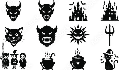 Halloween silhouette icon set with spooky devil faces, haunted castles, black cats, witches, magic boiling cauldrons, monsters, and creepy kids isolated flat vector