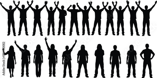 Large set of black people silhouettes featuring diverse men and women standing in rows with raised hands celebrating and cheering isolated flat vector